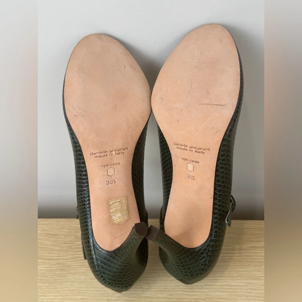Vintage Daniele Ancarani Green Snake Embossed Heels Strap Buckle 38.5 Women's 8 - Picture 9 of 13